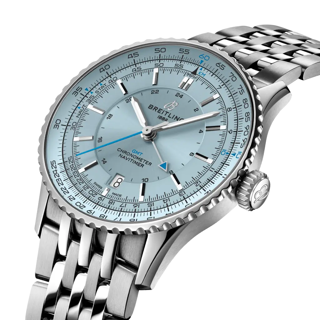 Profilo laterale della cassa rotonda in acciaio inossidabile con vetro zaffiro bombato antiriflesso del Navitimer GMT 41.
