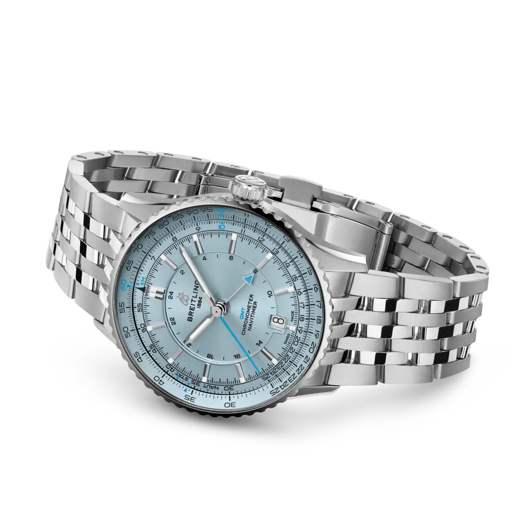 Cinturino blu in pelle di coccodrillo con chiusura pieghevole in acciaio inossidabile del Breitling Navitimer Automatic GMT 41.