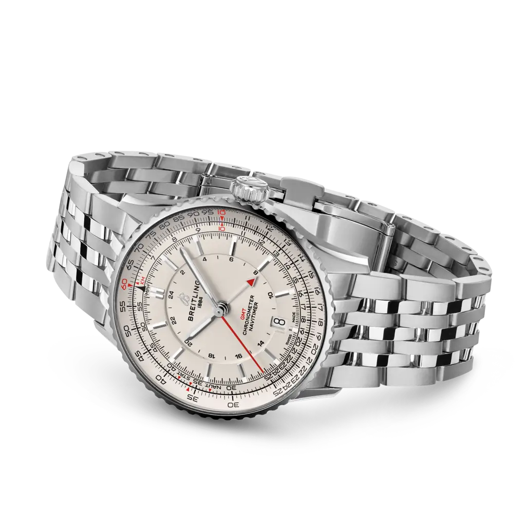 Cinturino in pelle di coccodrillo blu con chiusura pieghevole in acciaio inox del Breitling Navitimer Automatic GMT 41.