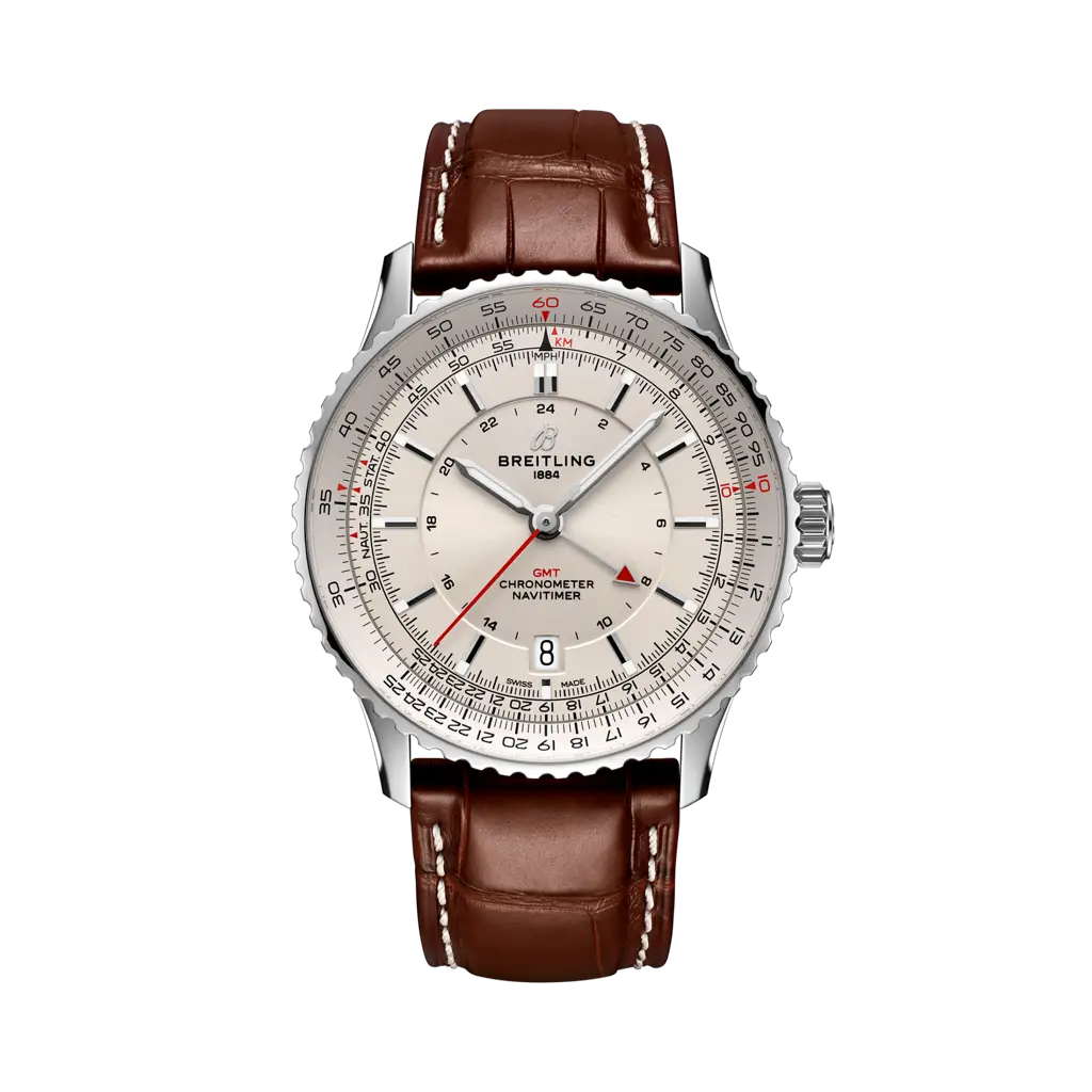 Quadrante blu con indici e lancette luminescenti del Breitling Navitimer Automatic GMT 41 A32310211G1P1 in acciaio inox.