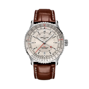 Quadrante blu con indici e lancette luminescenti del Breitling Navitimer Automatic GMT 41 A32310211G1P1 in acciaio inox.