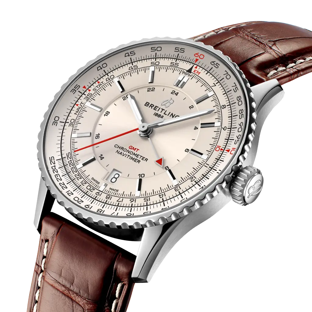 Profilo laterale della cassa rotonda in acciaio inossidabile con vetro zaffiro bombato antiriflesso del Navitimer GMT 41.