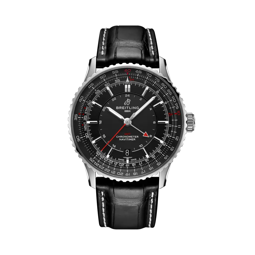 Quadrante nero con indici e lancette luminescenti del Breitling Navitimer Automatic GMT 41 A32310251B1P1 in acciaio inox.