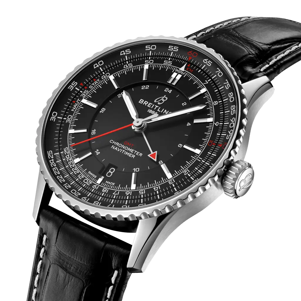 Profilo laterale della cassa rotonda in acciaio inossidabile con vetro zaffiro bombato antiriflesso del Navitimer GMT 41.