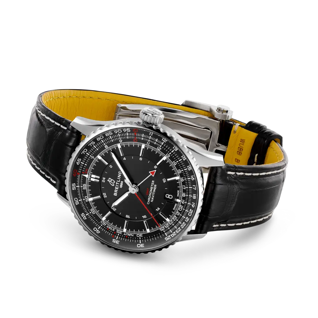 Cinturino nero in pelle di coccodrillo con chiusura pieghevole in acciaio inossidabile del Breitling Navitimer Automatic GMT 41.