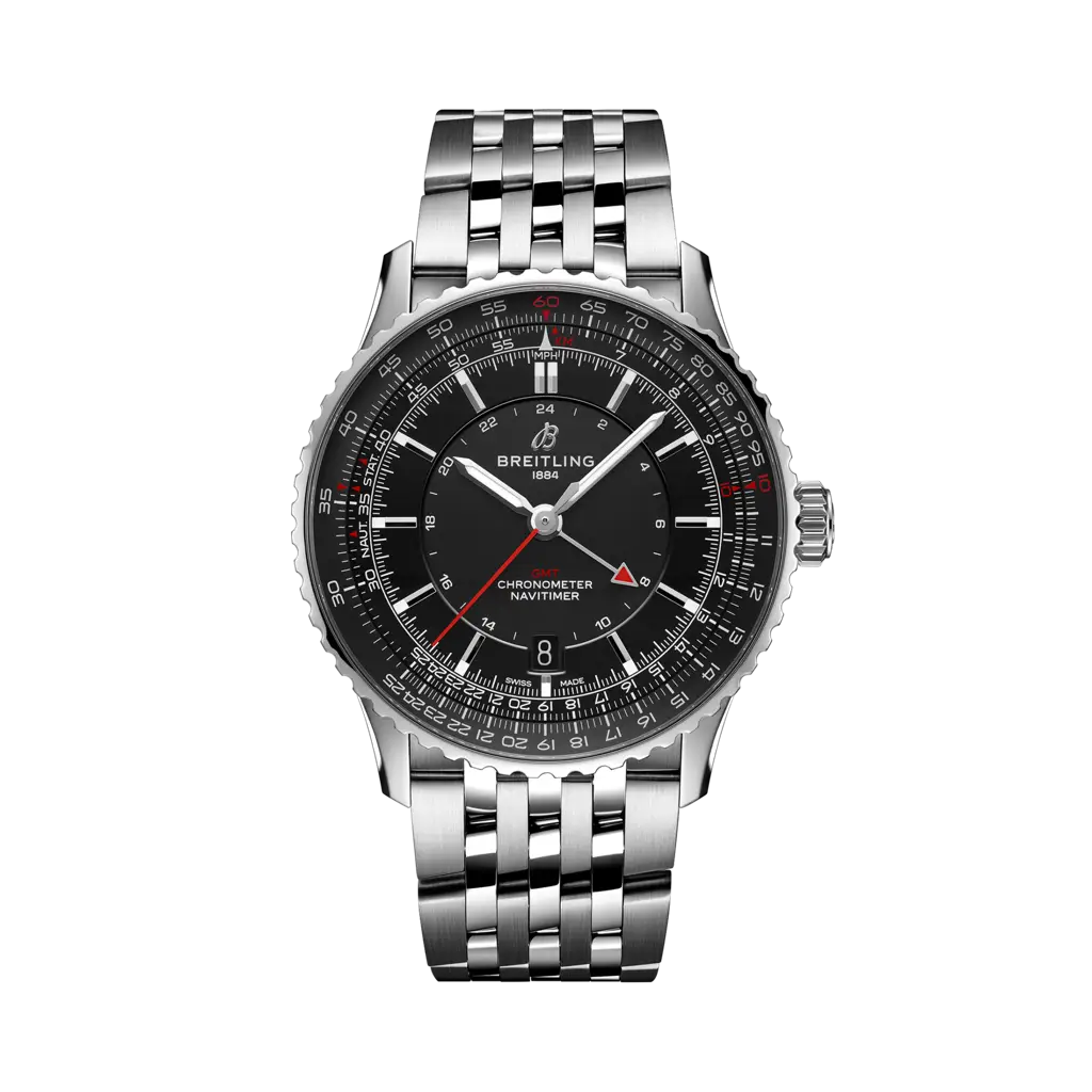 Quadrante nero con indici e lancette luminescenti del Breitling Navitimer Automatic GMT 41 A32310251B1A1 in acciaio inox.