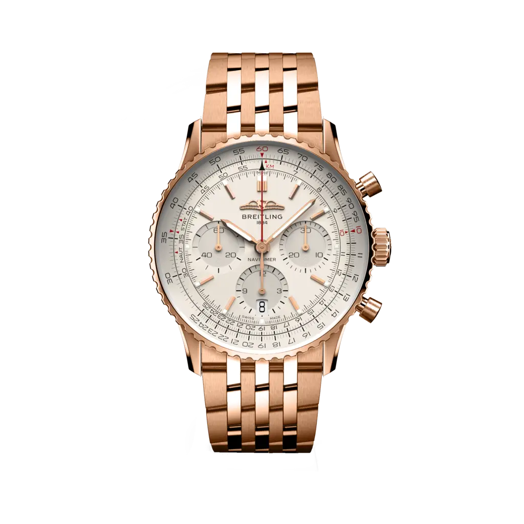 Quadrante blu con indici luminescenti e lancette a bastone del Breitling Navitimer B01 Chronograph 41 RB0139211G1R1 in oro rosso.