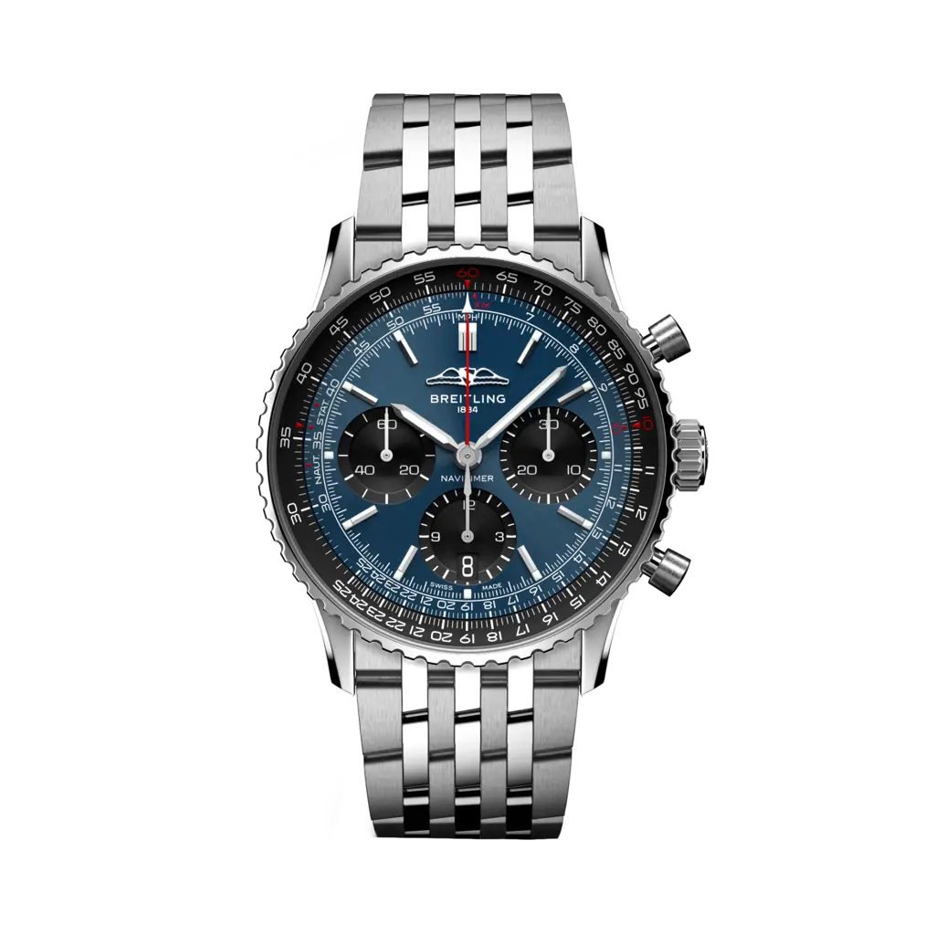 Quadrante blu con indici a bastone luminescenti e lancette del Breitling Navitimer B01 Chronograph 41 AB0139241C1A1.