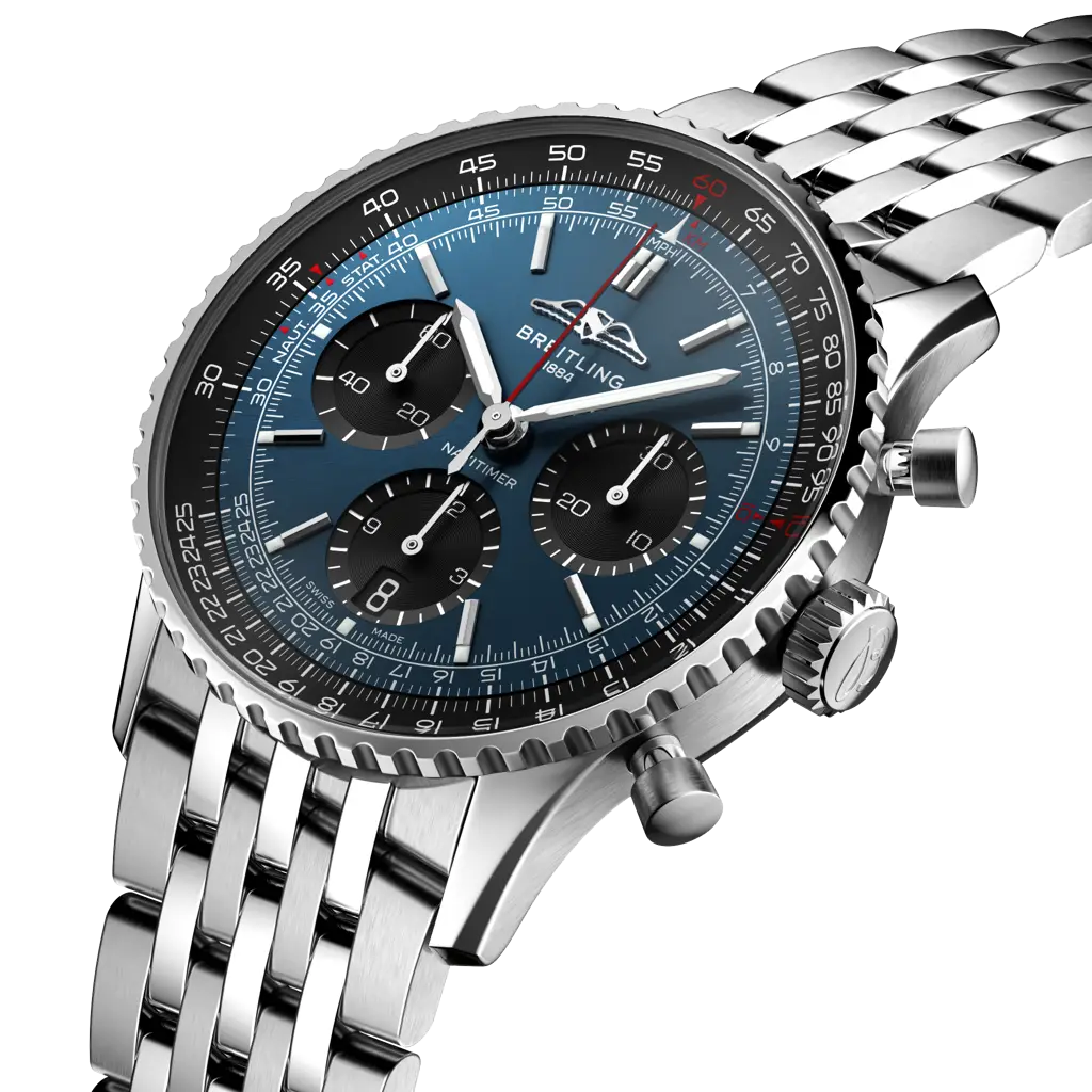 Profilo laterale della cassa in acciaio inox lucido con vetro zaffiro bombato antiriflesso del Navitimer 41.