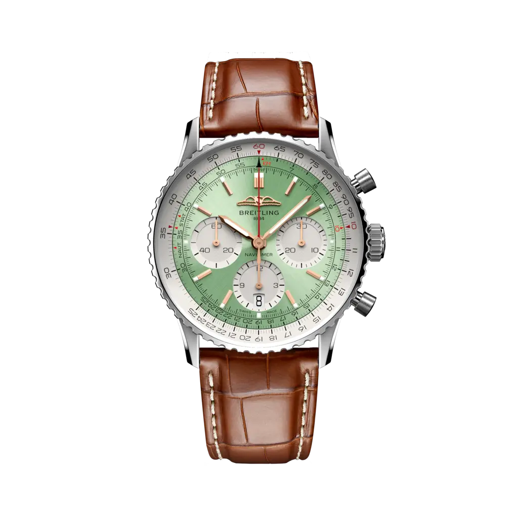 Quadrante blu con indici e lancette luminescenti a bastone del Breitling Navitimer B01 Chronograph 41 AB0139211L1P1.