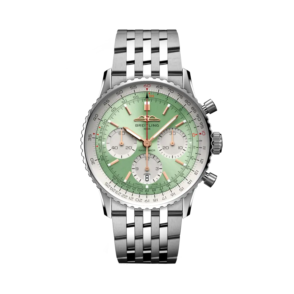 Quadrante blu con indici e lancette luminescenti a bastone del Breitling Navitimer B01 Chronograph 41 AB0139211L1A1.