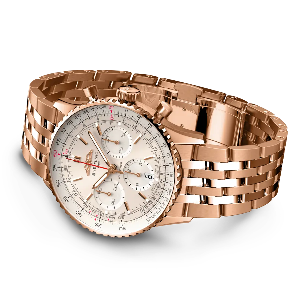 Profilo laterale della cassa in oro rosso 18 carati con vetro zaffiro bombato antiriflesso del Navitimer B01 Chronograph 41.
