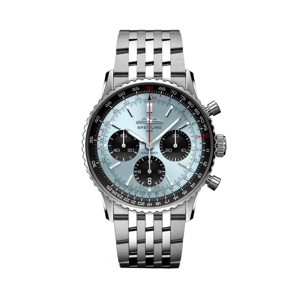 Quadrante blu con indici luminescenti e lancette a bastone del Breitling Navitimer B01 Chronograph 41 AB0139241C2A1.
