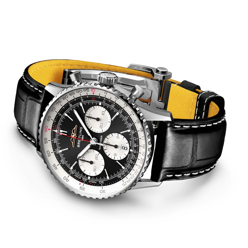Cinturino nero in pelle di alligatore con chiusura pieghevole in acciaio inossidabile del Breitling Navitimer B01 Chronograph 41.