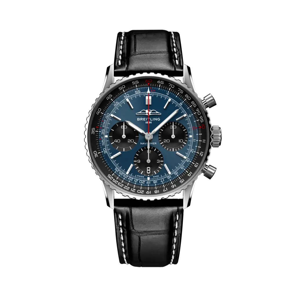 Quadrante blu con indici a bastone luminescenti e lancette del Breitling Navitimer B01 Chronograph 41 AB0139241C1P1.