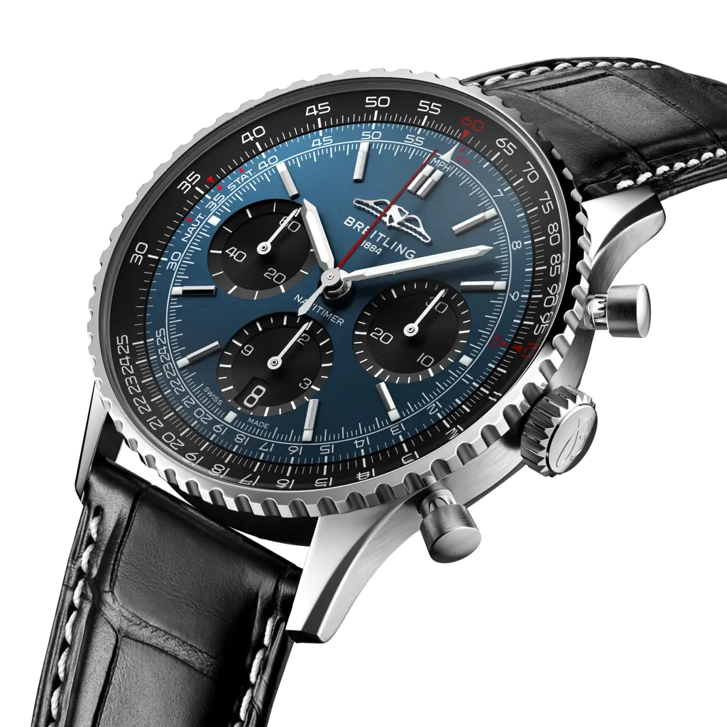 Profilo laterale della cassa in acciaio inox lucido con vetro zaffiro bombato antiriflesso del Navitimer 41.