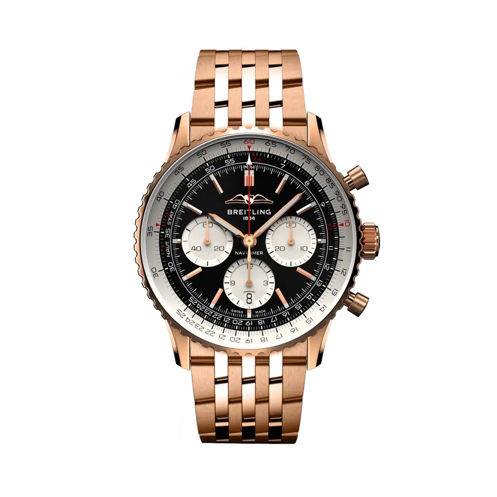 Quadrante blu con indici luminescenti e lancette a bastone del Breitling Navitimer B01 Chronograph 43 RB0138211B1R1 in oro rosso.