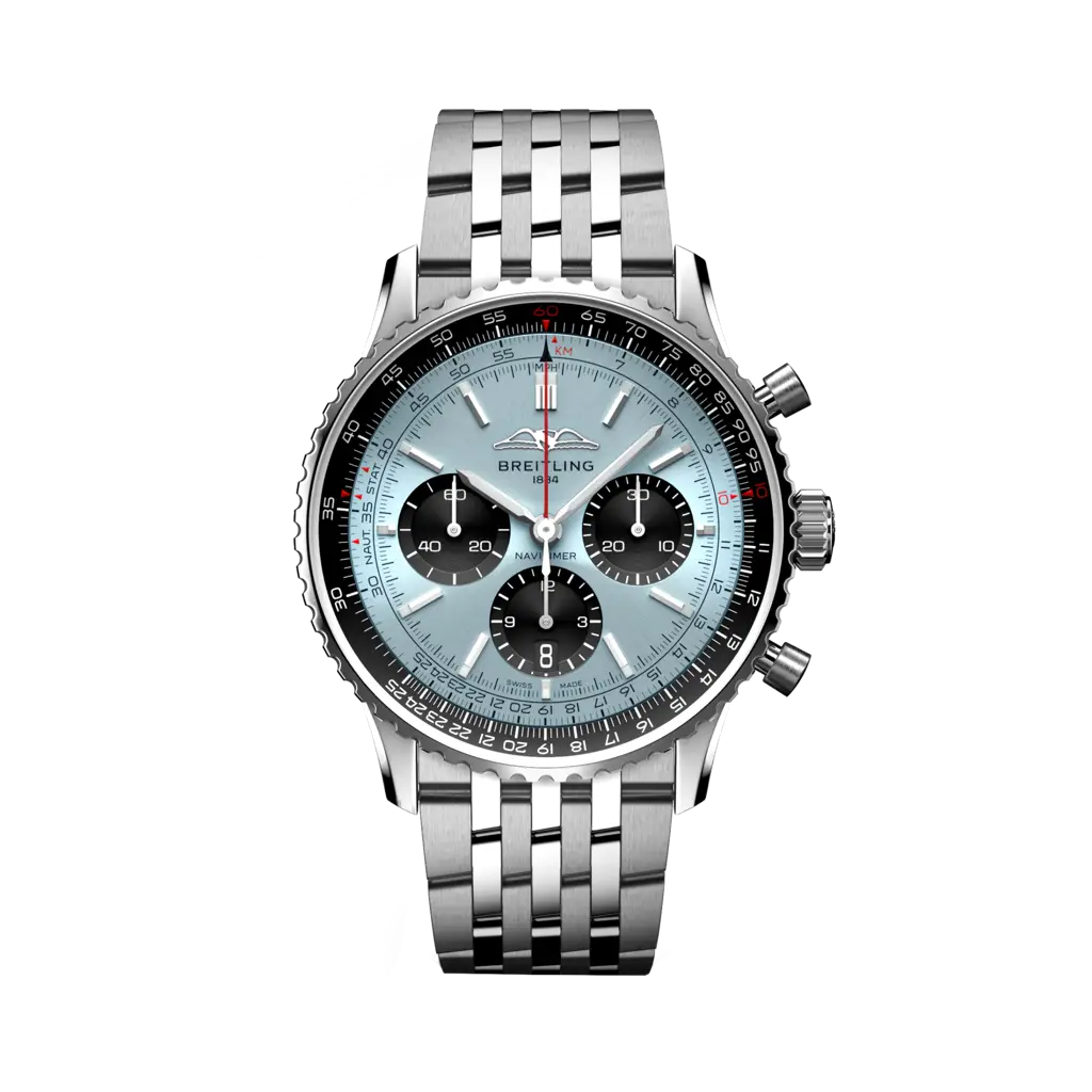 Profilo laterale della cassa in acciaio inox lucido con vetro zaffiro bombato antiriflesso del Navitimer 43.