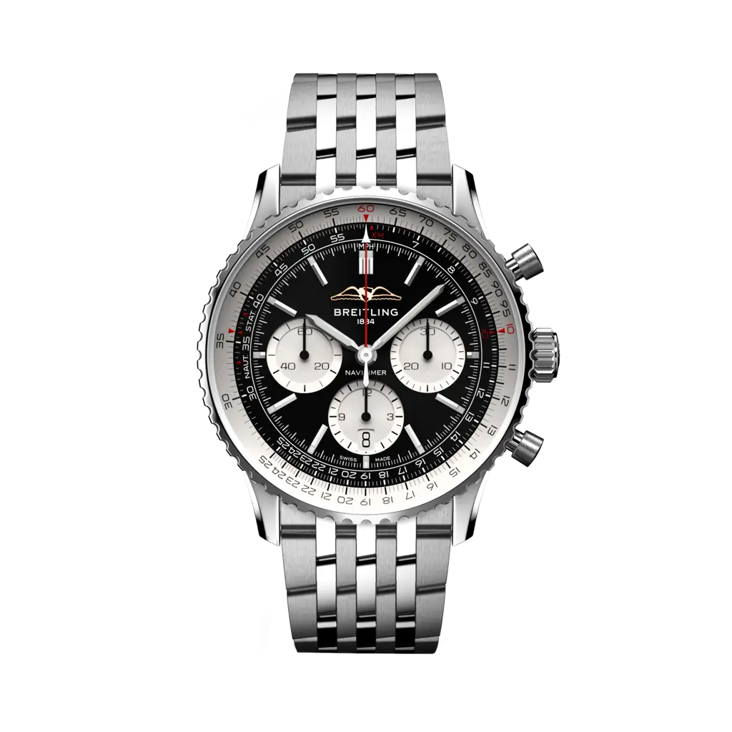 Quadrante nero con indici luminescenti e lancette a bastone del Breitling Navitimer B01 Chronograph 43 AB0138211B1A1.