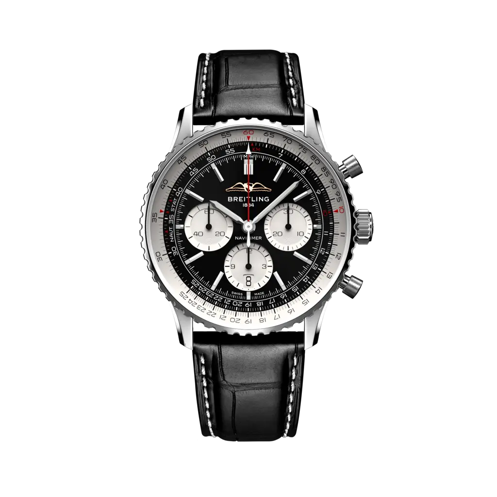 Quadrante nero con indici luminescenti e lancette a bastone del Breitling Navitimer B01 Chronograph 43 