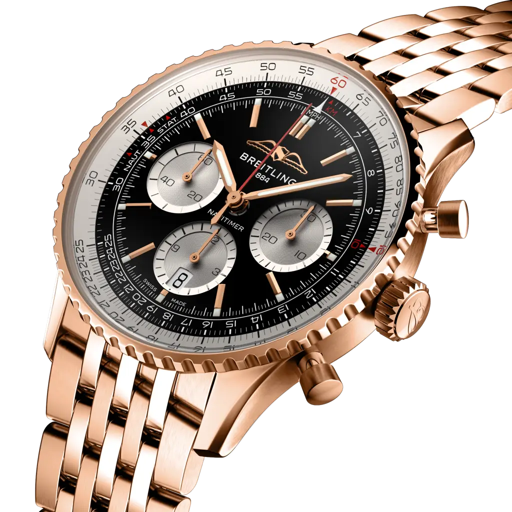 Profilo laterale della cassa in oro rosso 18 carati con vetro zaffiro bombato antiriflesso del Navitimer B01 Chronograph 43.