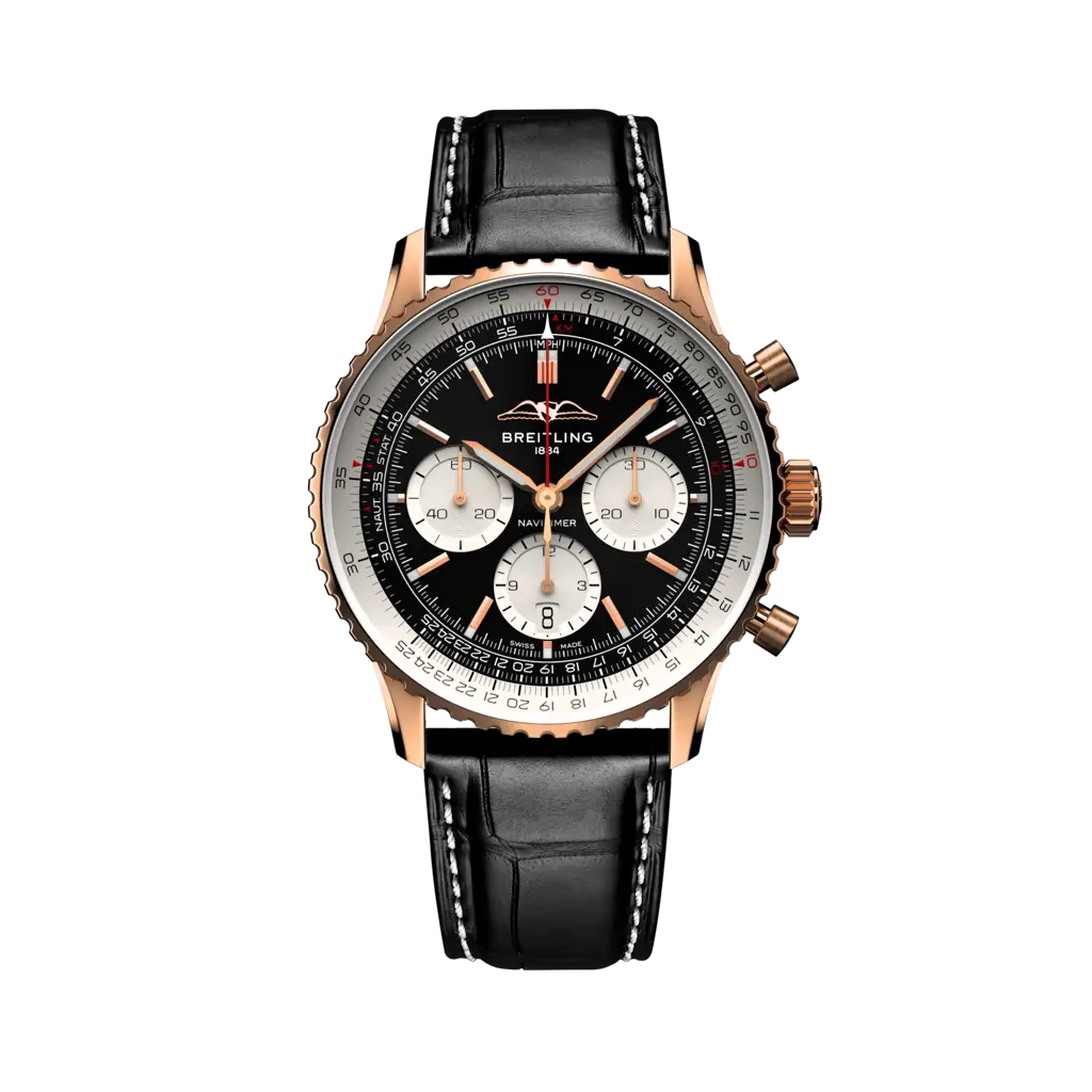 Quadrante blu con indici luminescenti e lancette a bastone del Breitling Navitimer B01 Chronograph 43 RB0138211B1P1 in oro rosso.