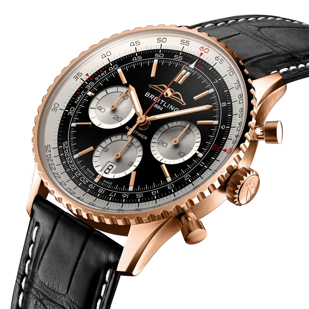 Profilo laterale della cassa in oro rosso 18 carati con vetro zaffiro bombato antiriflesso del Navitimer B01 Chronograph 43.