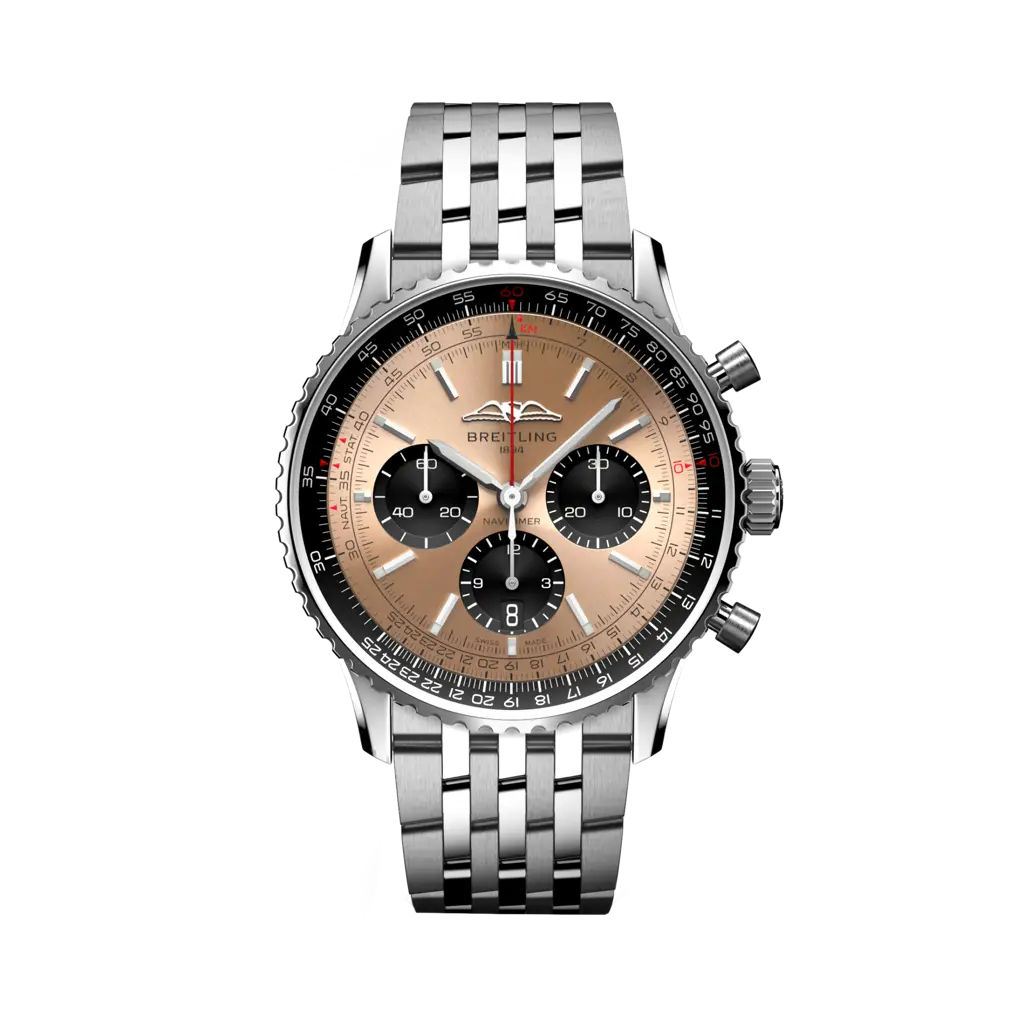 Quadrante color champagne del Breitling Navitimer B01 Chronograph 43 AB0138241K1A1 con indici e lancette luminescenti.