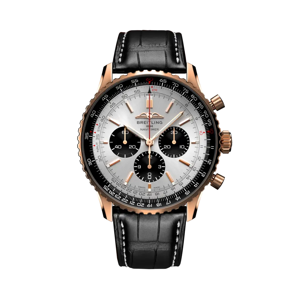 Quadrante nero con indici luminescenti e lancette a bastone del Breitling Navitimer B01 Chronograph 46 RB0137241G1P1 in oro rosso.