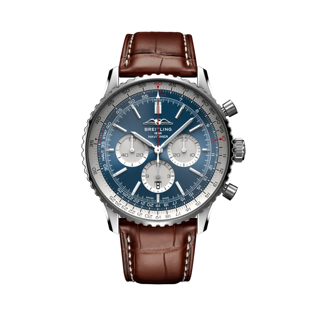 Quadrante classico con indici luminescenti e lancette a bastone del Breitling Navitimer B01 Chronograph 46 AB0137211C1P1 in acciaio inox.
