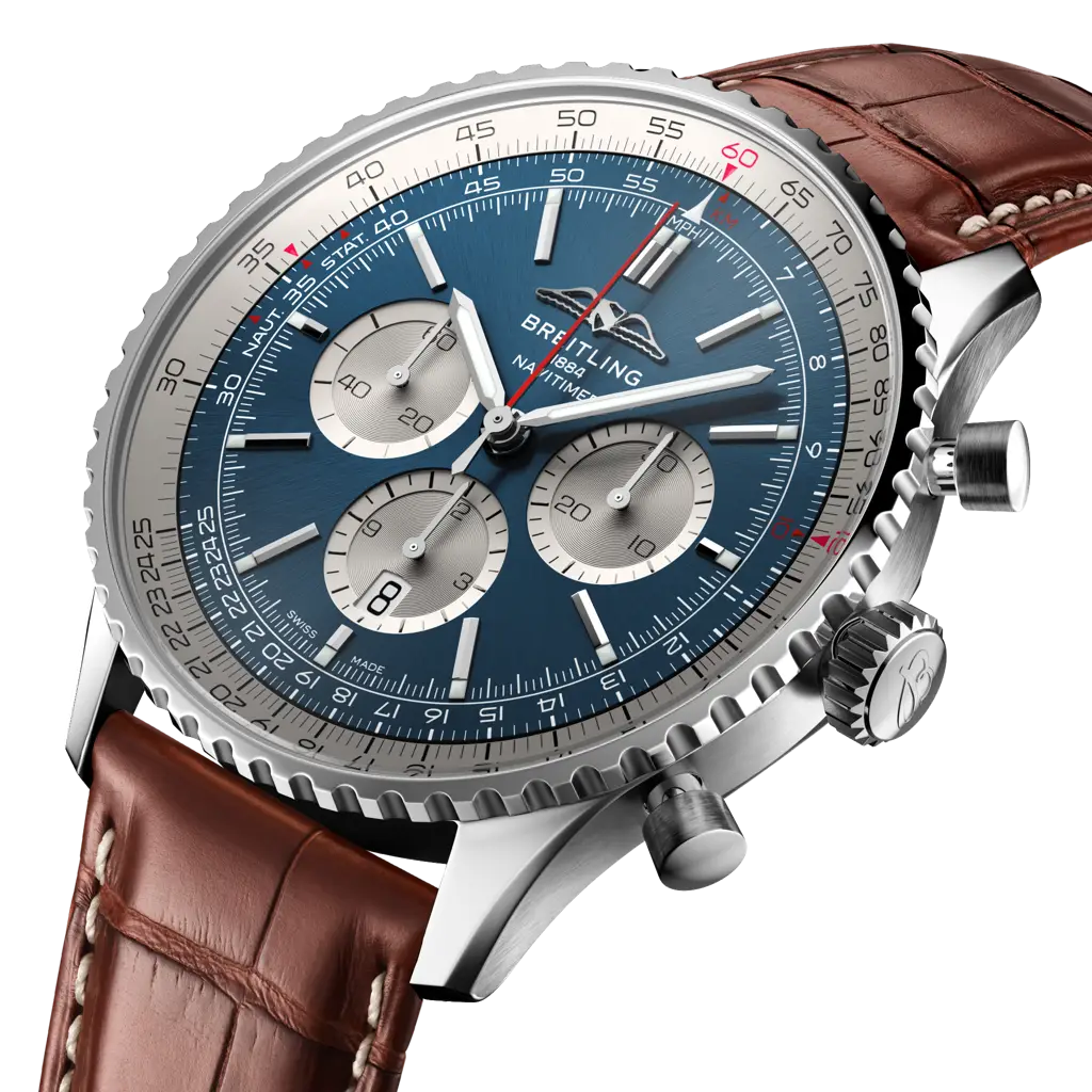 Profilo laterale della cassa rotonda in acciaio inossidabile con vetro zaffiro bombato antiriflesso del Navitimer B01 Chronograph 46.