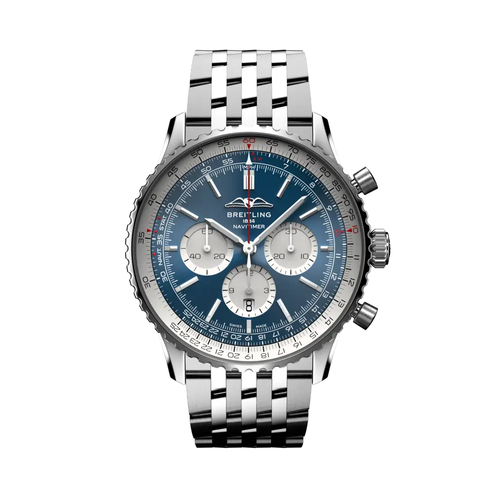 Quadrante elegante con indici luminescenti e lancette a bastone del Breitling Navitimer B01 Chronograph 46 AB0137211C1A1 in acciaio inox.