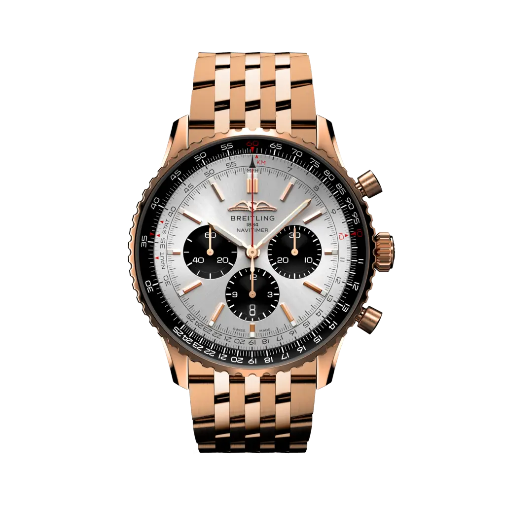Primo piano del quadrante argento con contatori cronografici a contrasto e indici luminescenti del Breitling Navitimer B01 Chronograph 46 RB0137241G1R1 in oro rosso.
