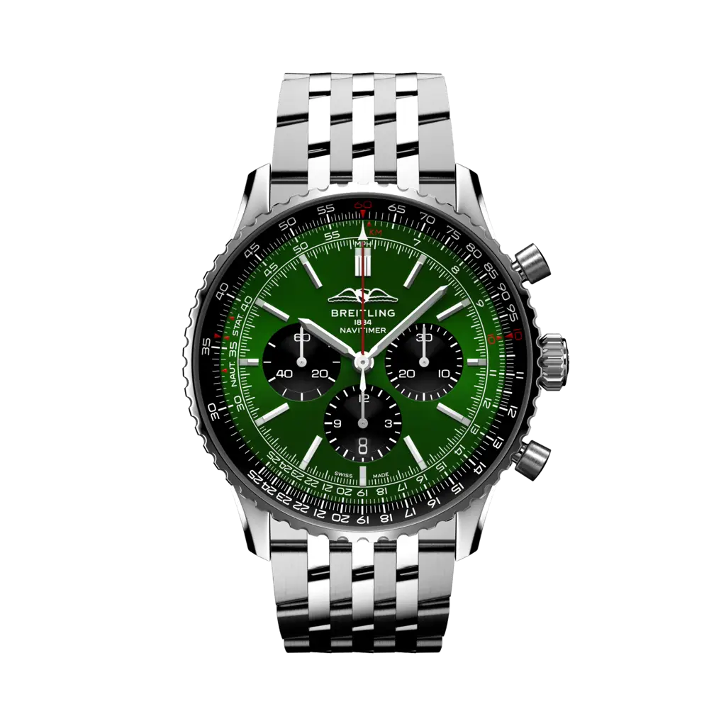 Quadrante verde con indici luminescenti e lancette a bastone del Breitling Navitimer B01 Chronograph 46 AB0137241L1A1 in acciaio inox.