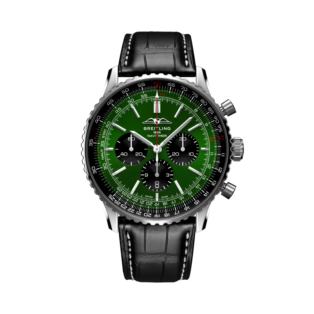 Quadrante verde con indici luminescenti e lancette a bastone del Breitling Navitimer B01 Chronograph 46 AB0137241L1P1 in acciaio inossidabile.