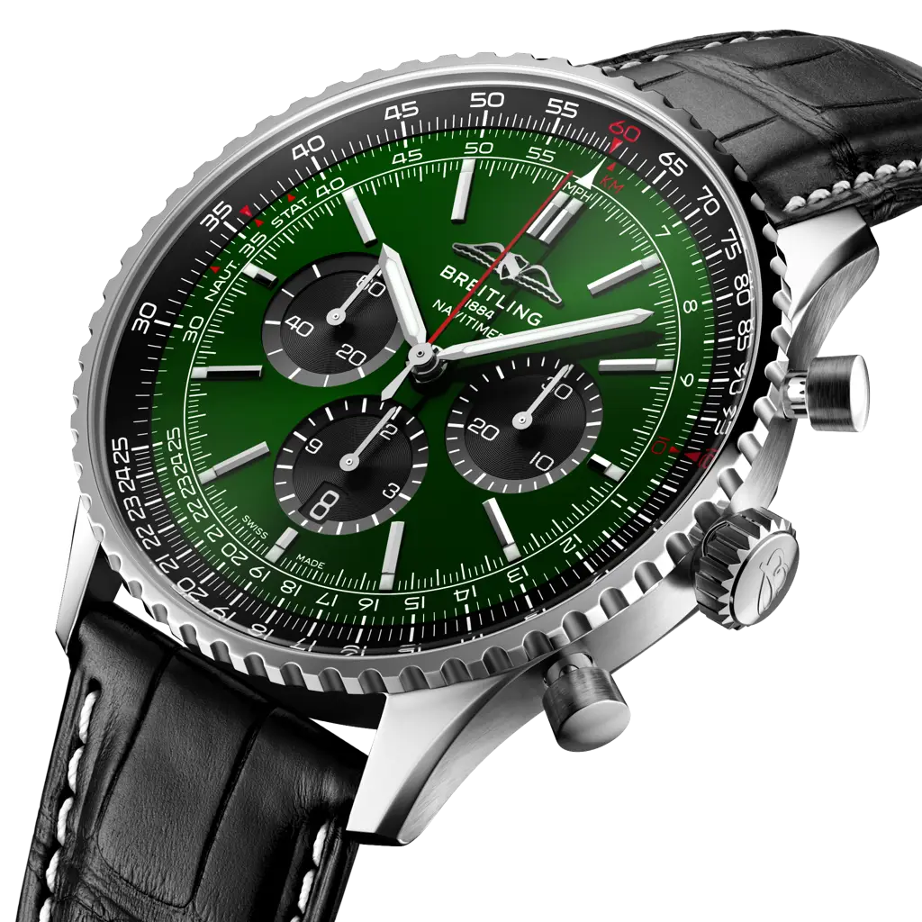 Profilo laterale della cassa rotonda in acciaio inossidabile con vetro zaffiro bombato antiriflesso del Navitimer B01 Chronograph 46.