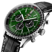 Profilo laterale della cassa rotonda in acciaio inossidabile con vetro zaffiro bombato antiriflesso del Navitimer B01 Chronograph 46.