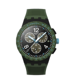 Load image into Gallery viewer, Quadrante nero testurizzato con numeri bianchi, lancette azzurre luminescenti e contatori cronografici verdi scuri dell’orologio Swatch Olive Rush SUSB421.
