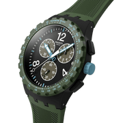 Lunetta verde scuro opaca con scala tachimetrica e cassa verde oliva opaca dell’orologio Swatch Olive Rush SUSB421.