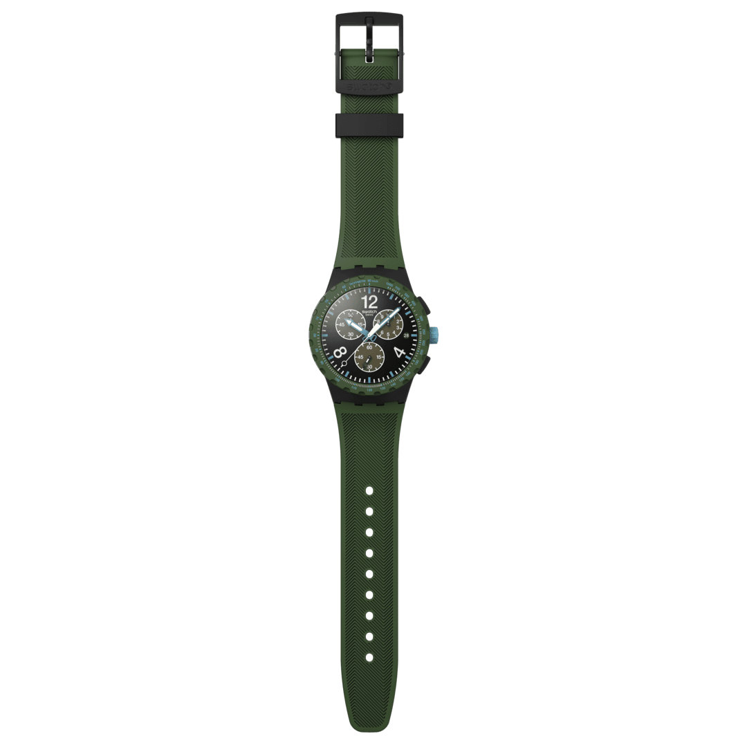 Cinturino in silicone verde scuro opaco con fibbia nera dell’orologio Swatch Olive Rush SUSB421, ideale per uso sportivo e quotidiano.