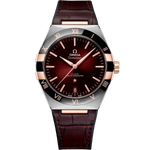 Load image into Gallery viewer, Quadrante argentato sunburst dell’Omega Constellation 41 mm con indici a bastone in oro Sedna 18K, lancette in oro giallo e datario a ore 6

