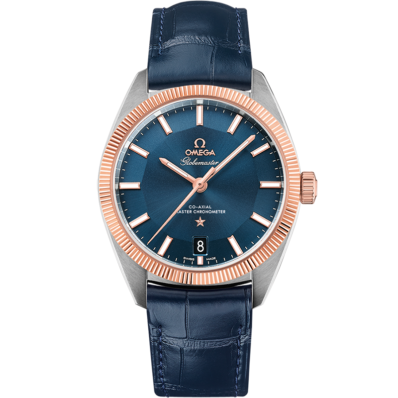 Quadrante blu sun-brushed a forma di torta pie con indici e lancette in oro Sedna™ 18K con rivestimento Super-LumiNova dell’Omega Constellation Globemaster 39 mm