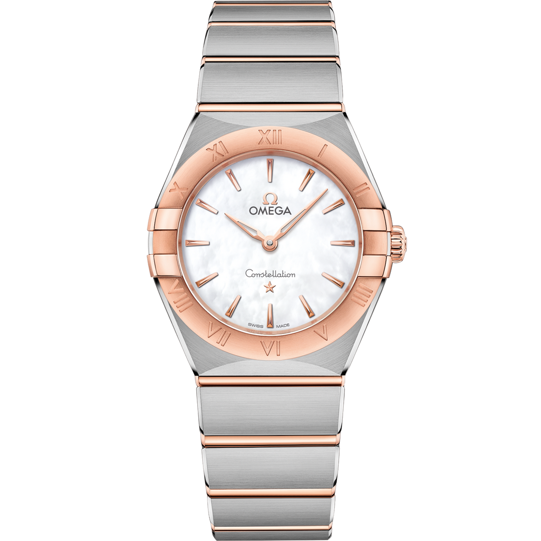 Quadrante madreperla bianco con indici a diamante e dettagli in oro Sedna™ 18K dell’Omega Constellation Quartz 28 mm