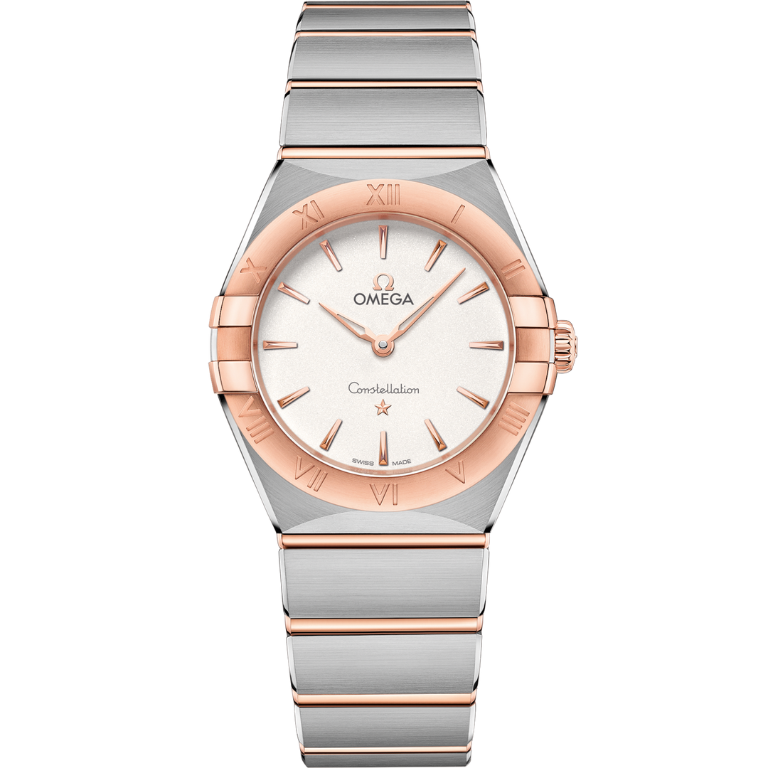 Quadrante madreperla bianco con indici a diamante e dettagli in oro Sedna™ 18K dell’Omega Constellation Quartz 28 mm