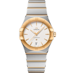 Load image into Gallery viewer, Quadrante argentato con finitura soleil e indici sottili applicati in acciaio lucido dell’Omega Constellation Quartz 36 mm
