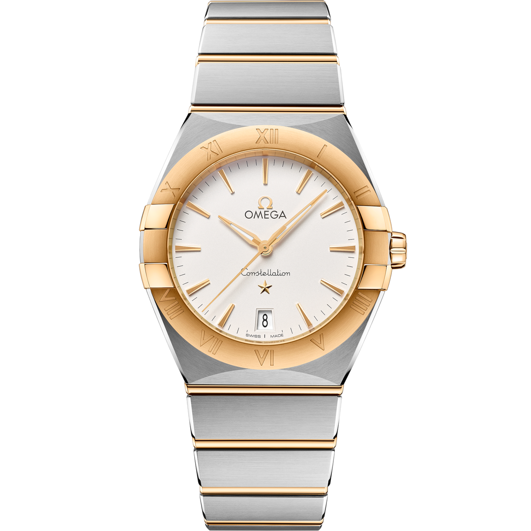 Quadrante argentato con finitura soleil e indici sottili applicati in acciaio lucido dell’Omega Constellation Quartz 36 mm