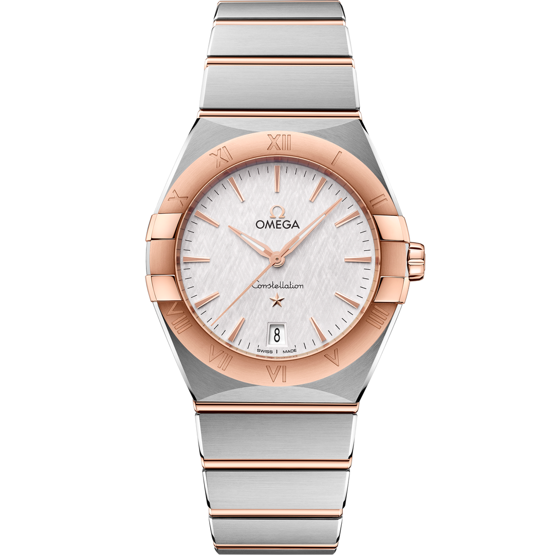 Quadrante color crema argentato con finitura soleil e indici in oro Sedna™ 18K dell’Omega Constellation Quartz 36 mm