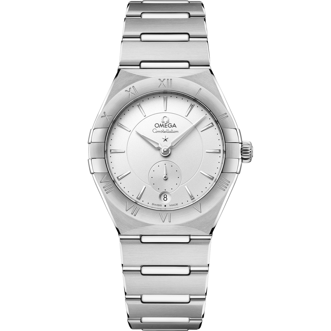 Quadrante argentato con motivo soleil, indici sfaccettati, lancetta piccoli secondi a ore 6 del Omega Constellation Small Seconds 34 mm