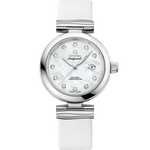 Load image into Gallery viewer, Quadrante bianco con finitura opalina e indici diamantati, lancette alpha lucide in acciaio dell’Omega De Ville Ladymatic 34 mm
