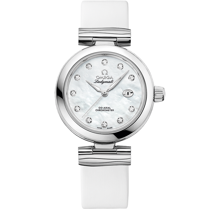 Quadrante bianco con finitura opalina e indici diamantati, lancette alpha lucide in acciaio dell’Omega De Ville Ladymatic 34 mm